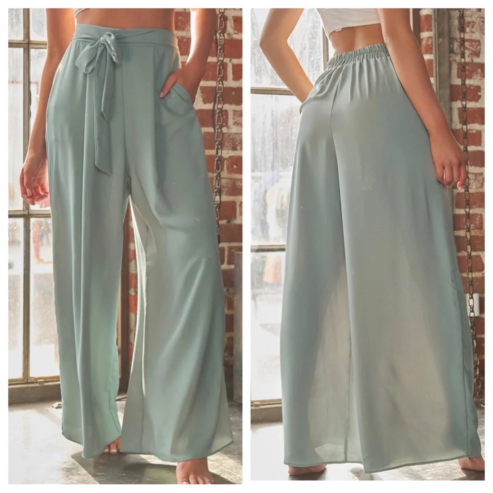 07 Wide Leg Pleated Pants with Self Tie and Pockets - Picture 2 of 2